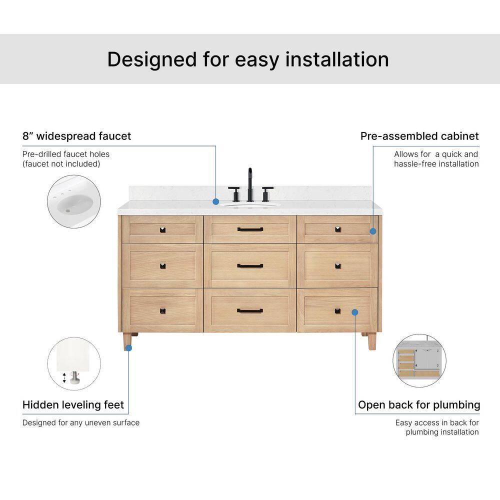 Monroe 66" Light Oak Freestanding Vanity with Carrara Quartz Top