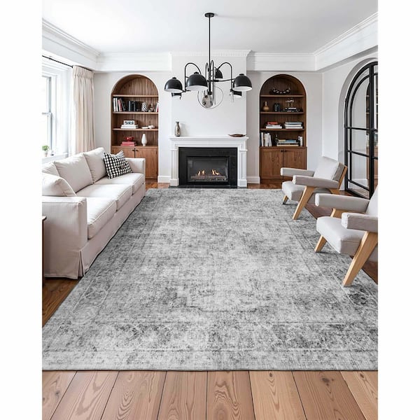 SKYSHALO 9 ft.x 12 ft. Gray, Large Washable Boho Rug, Tear