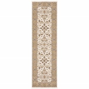 Ivory and Gold 2 ft. x 8 ft. Oriental Power Loom Stain Resistant Fringe with Runner Rug