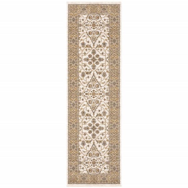 HomeRoots Ivory and Gold 2 ft. x 8 ft. Oriental Power Loom Stain Resistant Fringe with Runner Rug