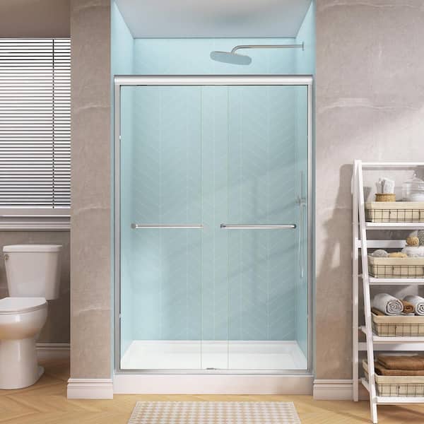 44 - 48 in. W x 72 in. H Double Sliding Semi-Frameless Shower Door in Chrome Bypass Door w/ 1/4 in. Clear Tempered Glass
