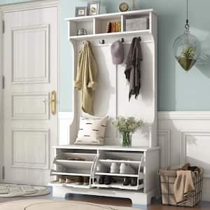 White Hall Tree with 2 Flip Shoe Storage Drawers, 4 Metal Hooks and Bench, Wood Hallway Coat Rack for Living Room