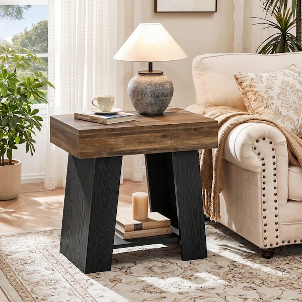 Kerlin 23.62 in. Rustic Brown and Black Rectangle MDF End Table with Shelf, Couch Side Table Small Sofa Table