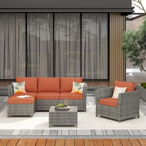 Bella Gray 6-Piece Wicker Outdoor Sectional Set with Orange Red Cushions