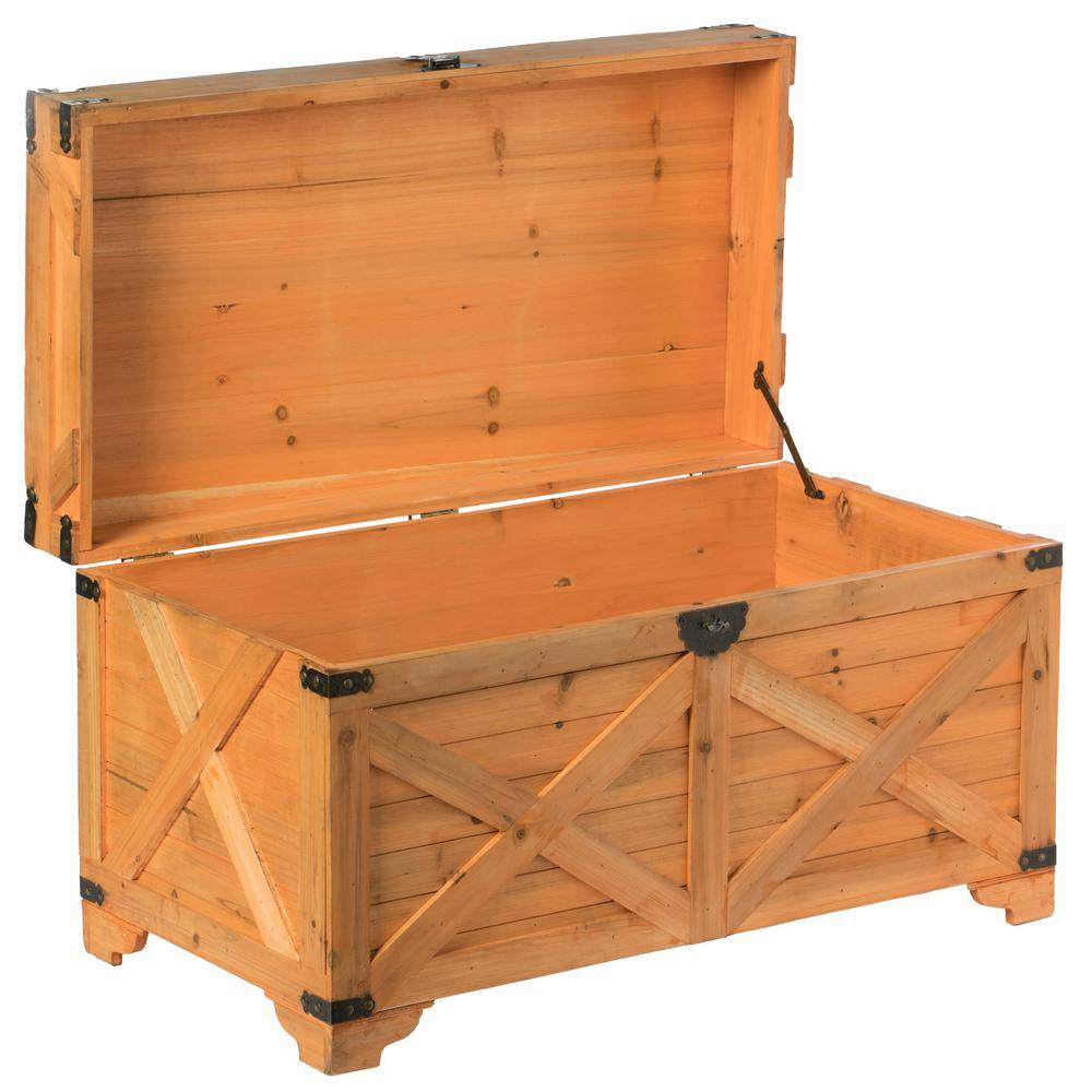 Large Natural Wood Farmhouse Storage Trunk Chest with Hinged Lid