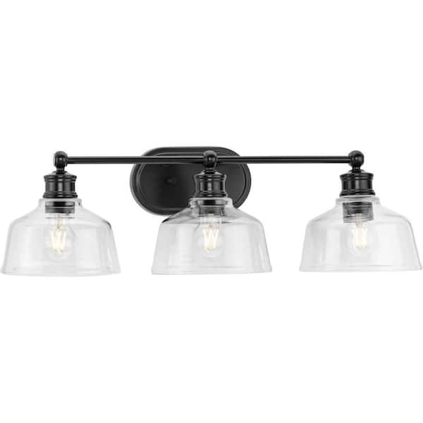 Progress Lighting Singleton 26.5 in. 3-Light Matte Black Vanity Light with Clear Glass Shades