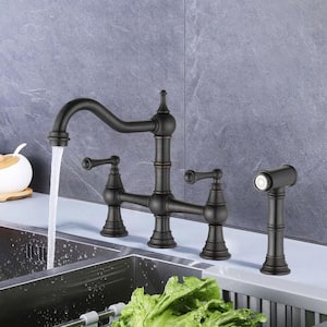 8 In. Double Handle Bridge Kitchen Faucet with Brass Side Sprayer 4 Holes in Bronze
