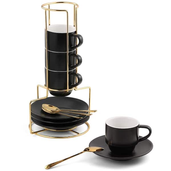 3 oz. Espresso Cups (Set of 4), Stackable Coffee Cups with Saucers, Spoons and Metal Stand, Porcelain Mugs in Black