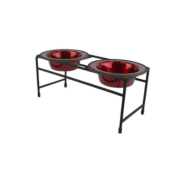 Platinum Pets Modern Double Diner Feeder with Stainless Steel Cat/Dog Bowls, Candy Apple Red