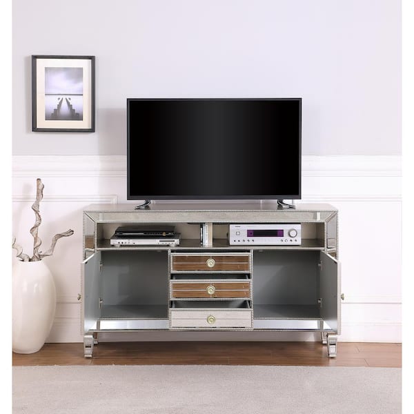 Mirrored Entertainment TV Console Stand Cabinet Crystal Knobs Silver Painted 