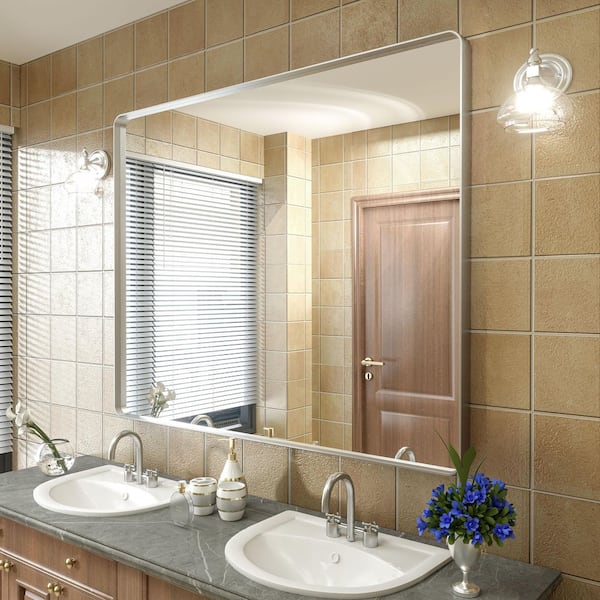 Apmir 48 in. W x 40 in. H Rectangular Aluminum Alloy Framed and Tempered Glass Wall Bathroom Vanity Mirror in Brushed Silver