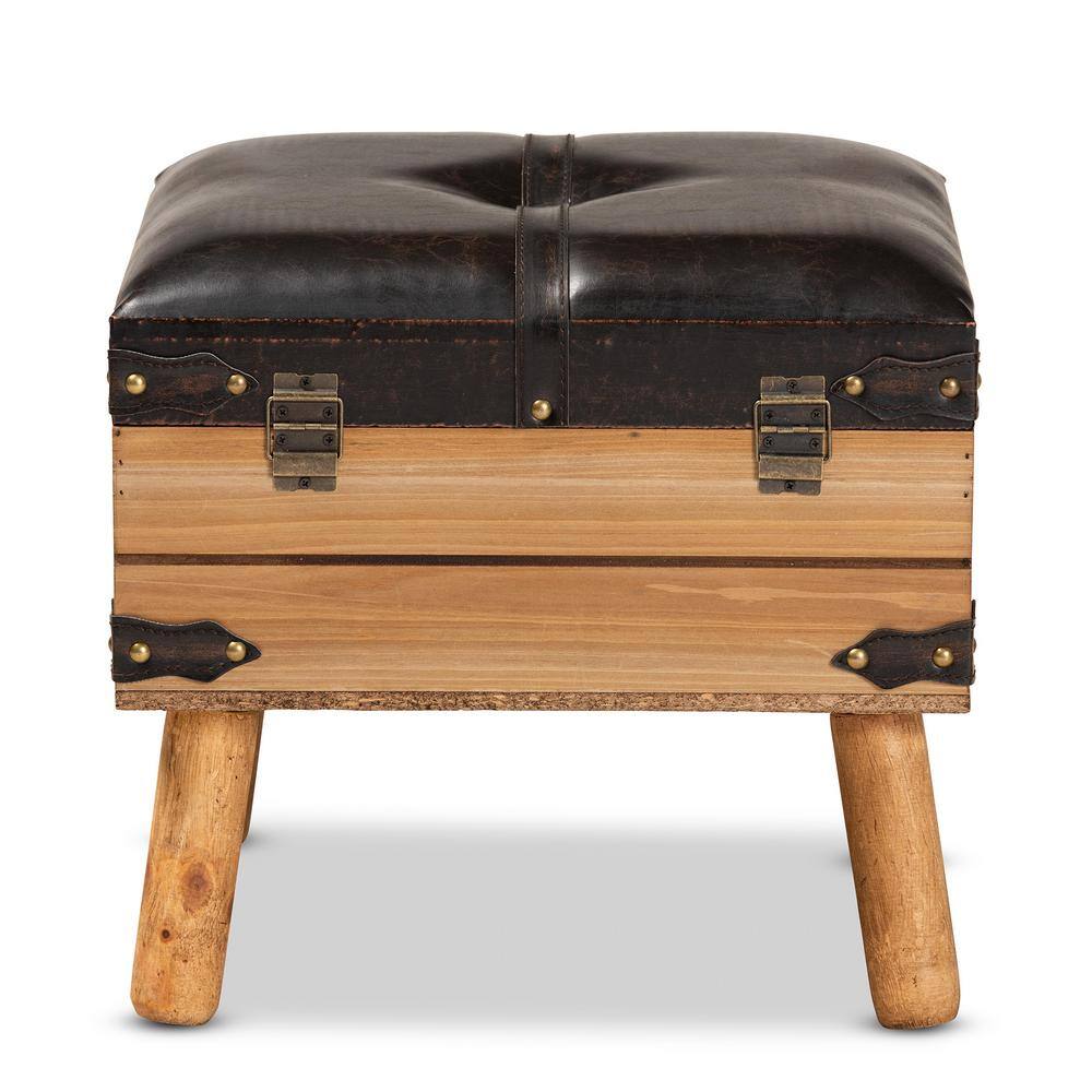 Rustic Oak and Dark Brown PU Leather Small Storage Ottoman