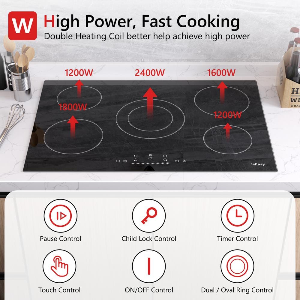30 Inch Black Ceramic Electric Cooktop with 5 Burners