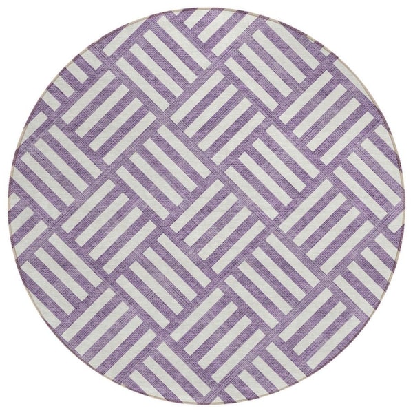 Purple, Ivory 8 ft. Round Woven Geometric Polyester Round Indoor/Outdoor Area Rug