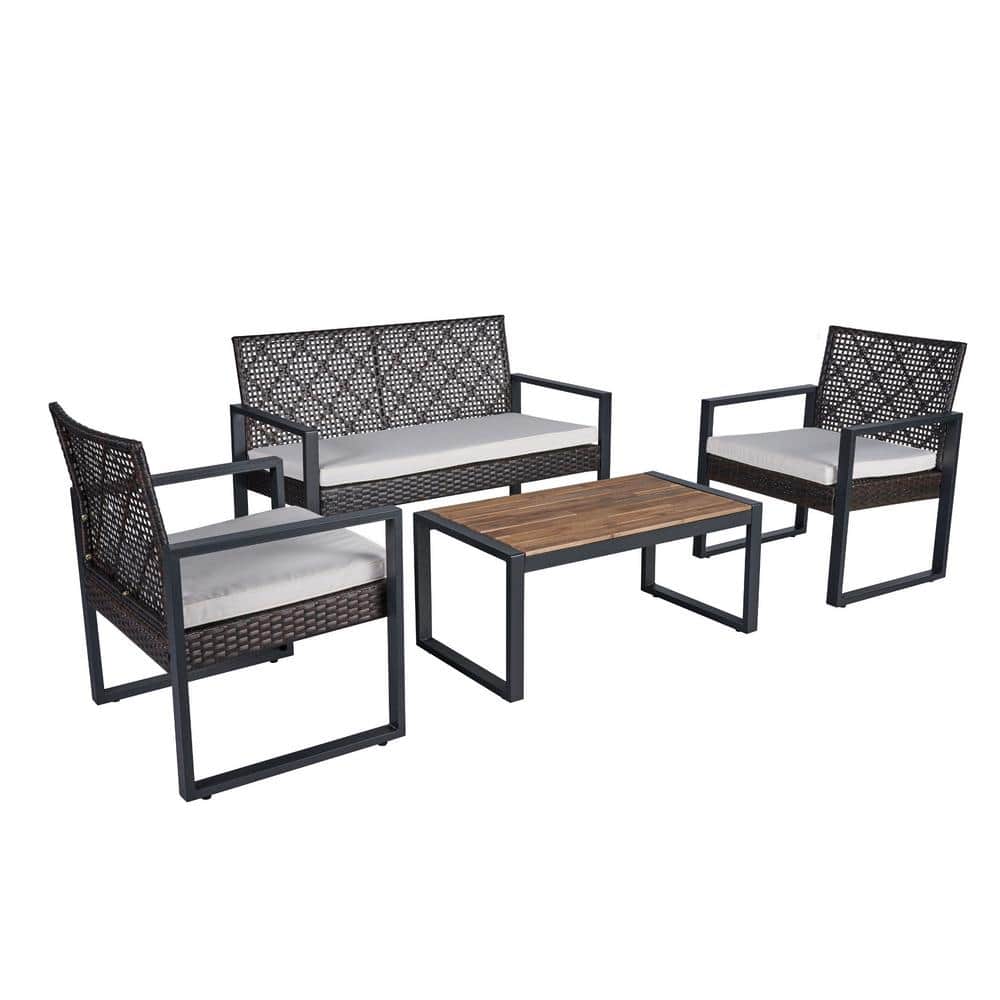 4-Piece Wicker Outdoor Patio Conversation Set, Rattan Loveseat and Chairs B