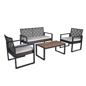 4-Piece Wicker Outdoor Patio Conversation Set, Rattan Loveseat and Chairs Beige Cushions and Acacia Wood Coffee Table