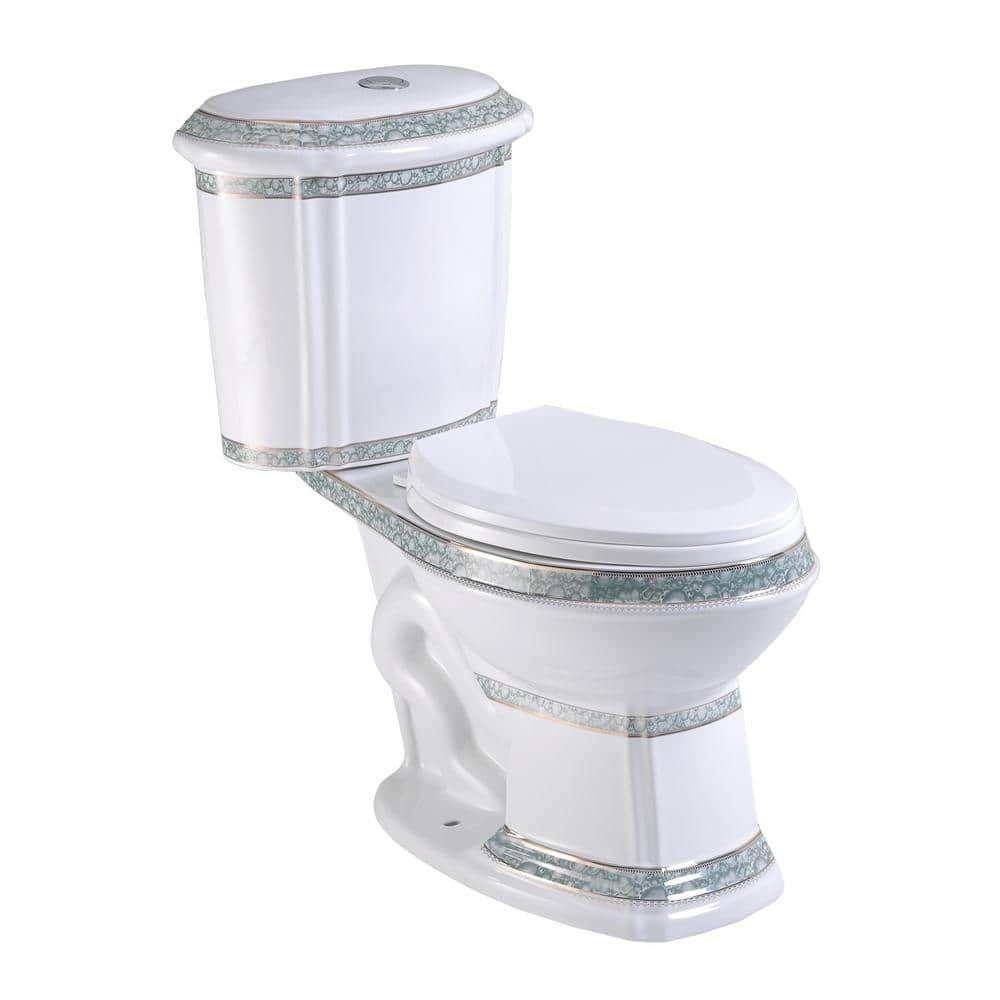 Elongated White and Green Dual Flush Two-Piece Toilet