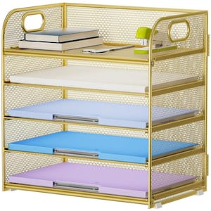 12.6 in x 13.4 in Gold Metal 5 Tier Paper Organizer Letter Tray, Mesh Desk File Organizer with Handle