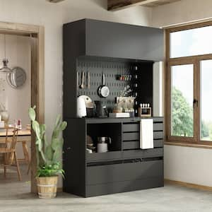 Black Color Wood 47.2 in. W Buffet Kitchen Cabinet Food Pantry With Metal hooks, Drawers, Open Work Table (78.7 in. H)