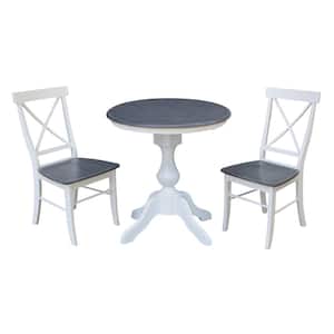 Set of 3-pcs - White/Heather Gray 30 in Solid Wood Pedestal Table and 2 Side Chairs