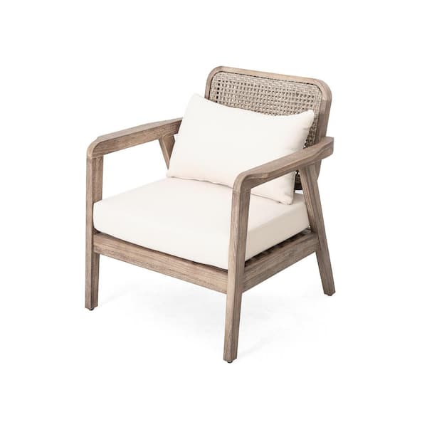 Unbranded Light Brown Acacia Wood Outdoor Chaise Lounge, Patio Club Chair with Cream Waterproof Thick Cushion for Garden, Balcony