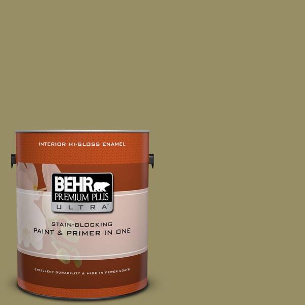 BEHR Premium Plus Ultra 1 gal. #390F-6 Tate Olive Hi-Gloss Enamel Interior Paint and Primer in One
