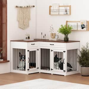 Corner Dog Crate Furniture for 2 Dogs with Drawers, White Large Furniture Style Dog Kennel Pet Pens Cage for Medium Dogs