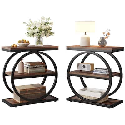 Kerlin 23.6 in. Brown Rectangle Wood End Table Set of 2, Narrow End Table with 3-Storage Shelves, Industrial Side Table