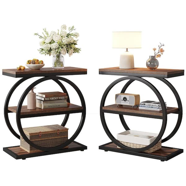 BYBLIGHT Kerlin 23.6 in. Brown Rectangle Wood End Table Set of 2, Narrow End Table with 3-Storage Shelves, Industrial Side Table