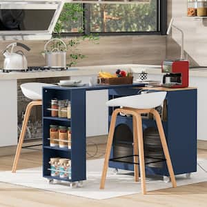 Navy Blue Solidwood Extended Table 57 in. Kitchen Island Cart with LED Lights Power Outlets and 2-Fluted Glass Doors