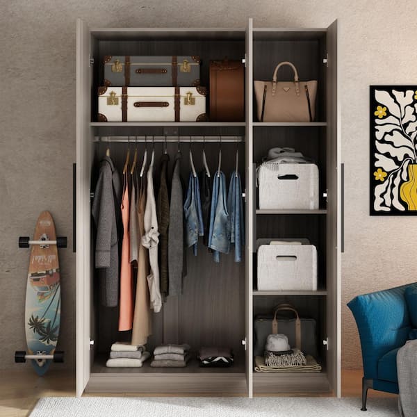 FUFU&GAGA Gray Wood 47.2 in. W 3-Door Armoires Wardrobe with Hanging Rod  and Storage Shelves (70 in. H x 18.9 in. D) KF210151-05