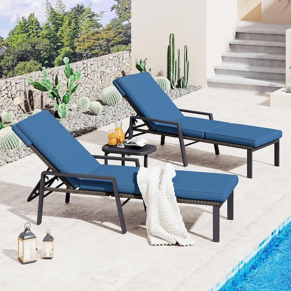 Outdoor Patio Adjustable Wicker Chaise Lounge Chairs with Removable Cushion, Set of 2 (Dark Blue)