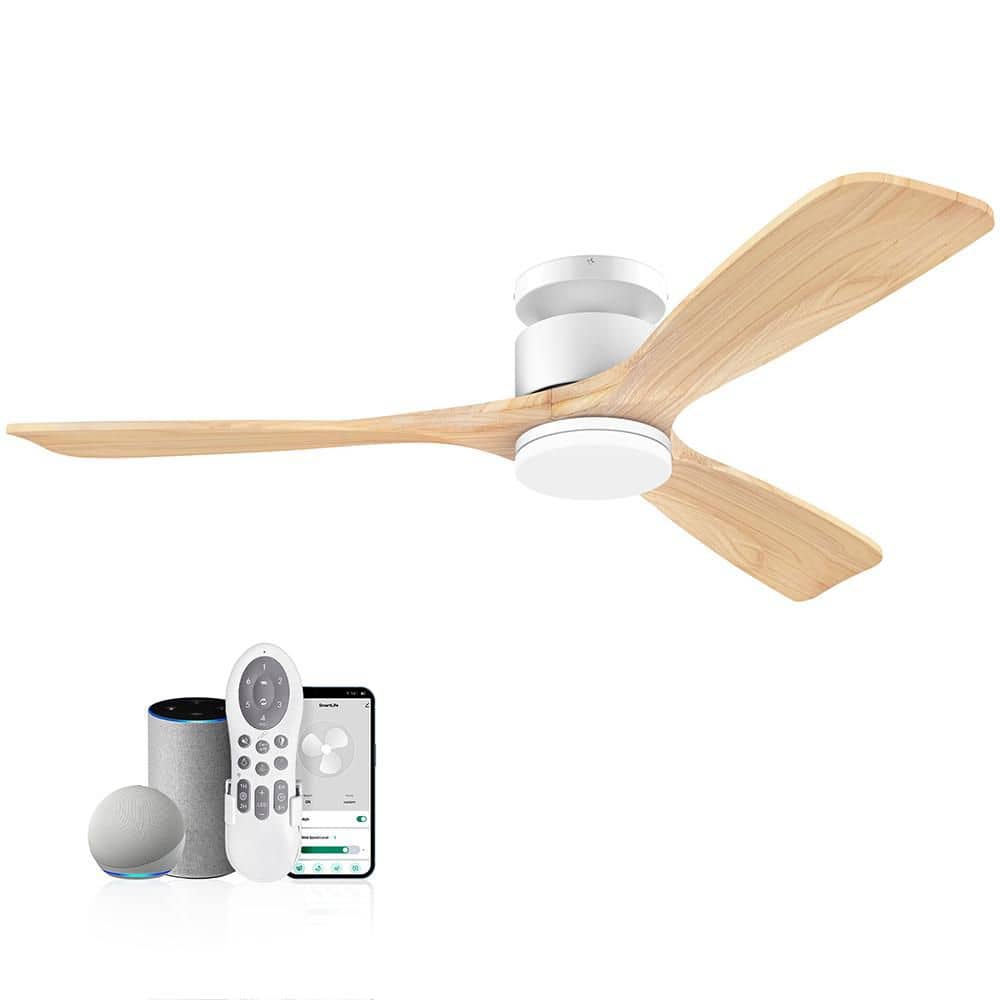 52 in. Smart Outdoor/Indoor Light Wood Flush Mount Ceiling Fans With Lights