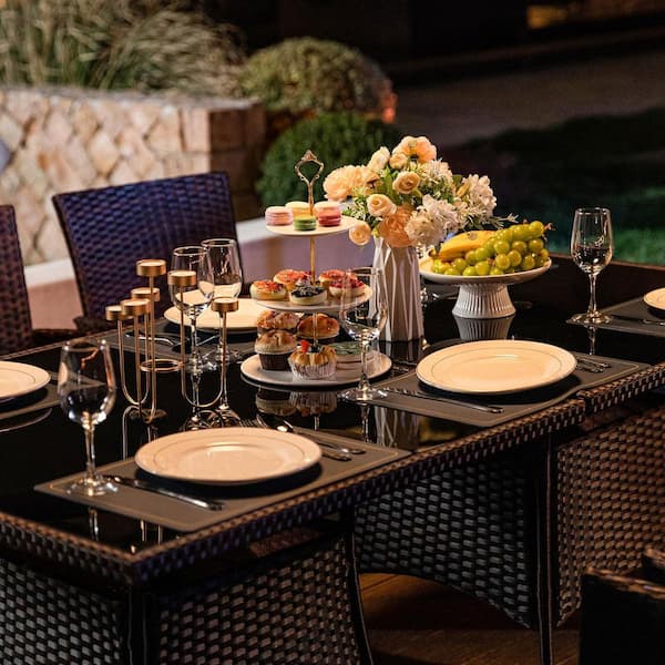 5-Piece Wicker Square Outdoor Dining Set with Glass Tabletop, 1.5 in. Umbrella Hole and Cushion Blue