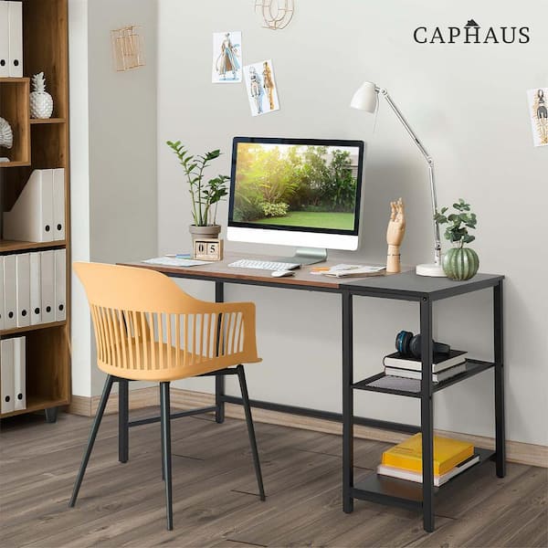 CAPHAUS 47 in. Home Office Desk, Study Writing Desk with 2-Tier Storage Shelves, Rustic Oak and Black