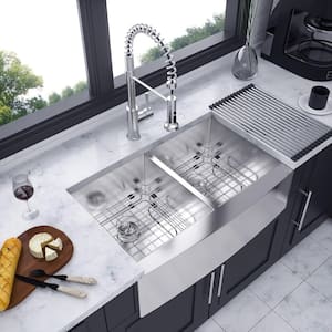 33 in. L x 20 in. W Farmhouse Apron Front Double Bowls 18 Gauge Stainless Steel Kitchen Sink in Brushed Nickel