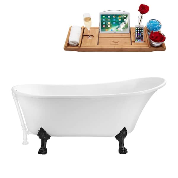 Streamline 59 in. Acrylic Clawfoot Non-Whirlpool Bathtub in Glossy White With Matte Black Clawfeet And Glossy White Drain
