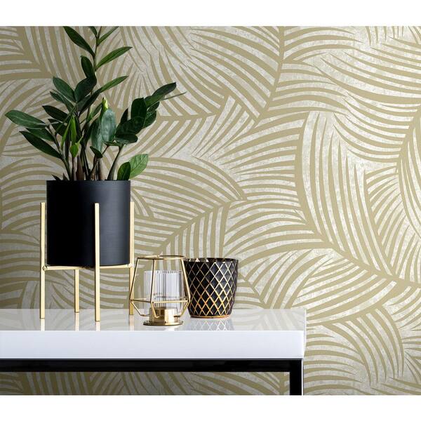 57.5 sq. ft. Golden Glitz with Glass Beads Zephyra Palms Unpasted Non-Woven Paper Wallpaper Roll
