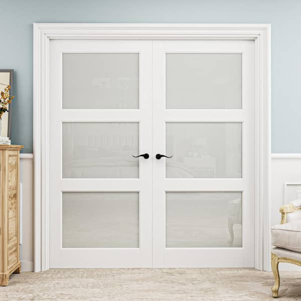 72 in. x 80 in. Universal Handed 3-Lite Frosted Glass White Solid Core MDF Double French Door with Quick Assemble Jamb