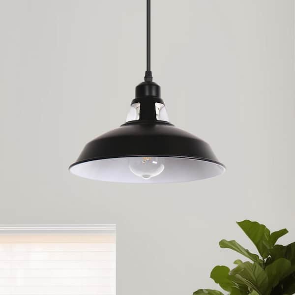 1.64ft 1-Light Industrial Plug-In Pendant Light with Pulley and Black/White Bowl Shade,Button Switch, No Bulbs Included