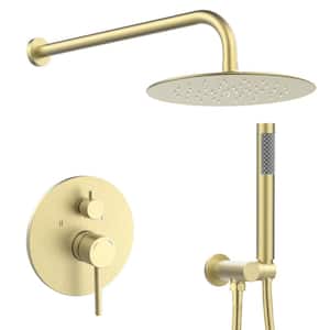 Single Handle 2-Spray Shower Faucet 2 GPM with Drip Free, Wall Mount 10 in. Shower Head with Hand Shower in Brushed Gold