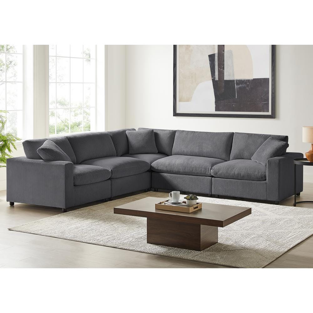 Casella 120 in. Square Arm 5-Piece Corduroy Fabric Modular Sectional in Cha