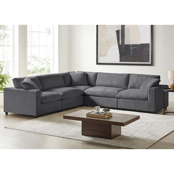 Casella 120 in. Square Arm 5-Piece Corduroy Fabric Modular Sectional in Charcoal Corduroy