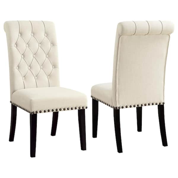 Set of Two Tufted Beige and Espresso Upholstered Linen Dining Side Chairs Set of Two Tufted Beige and Espresso Upholstered Linen Dining Side Chairs