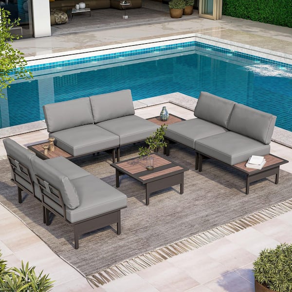 LAUSAINT HOME Gray 8-Piece Metal Patio Conversation Set with Gray Cushions and Coffee Table