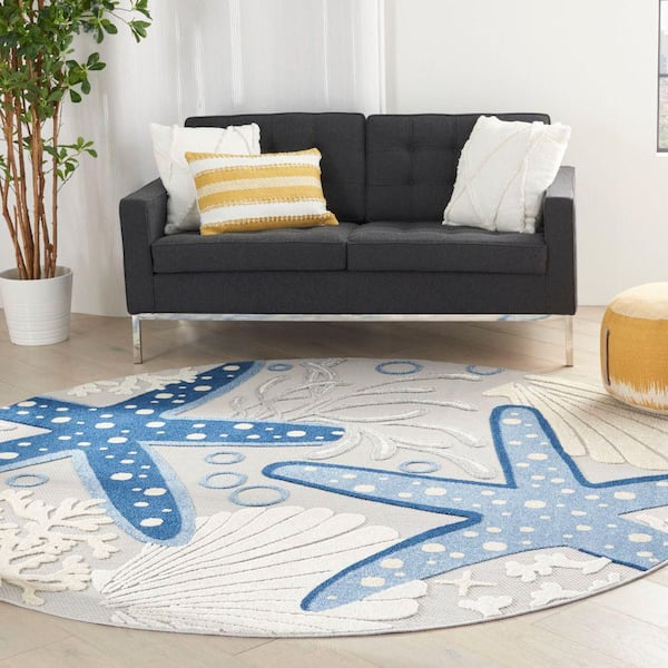 Aloha Blue/Gray 8 ft. x 8 ft. Round Nautical Contemporary Indoor/Outdoor Patio Area Rug