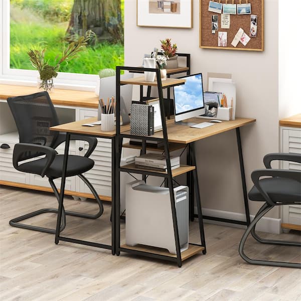 39.5 in. Natural and Black Wood Computer Desk with 3-Tier Storage Shelf and CPU Stand