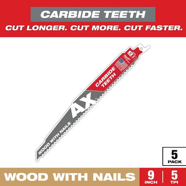 Milwaukee 9 in. 5 TPI AX Carbide Teeth Demolition Nail-Embedded Wood Cutting SAWZALL Reciprocating Saw Blades (5-Pack)