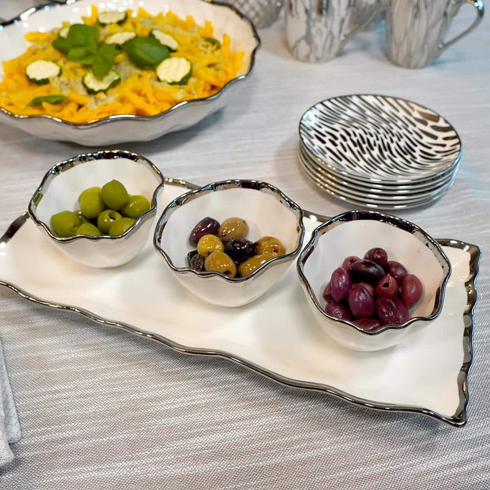 White and Silver Ceramic Serving Tray with Condiment Bowls