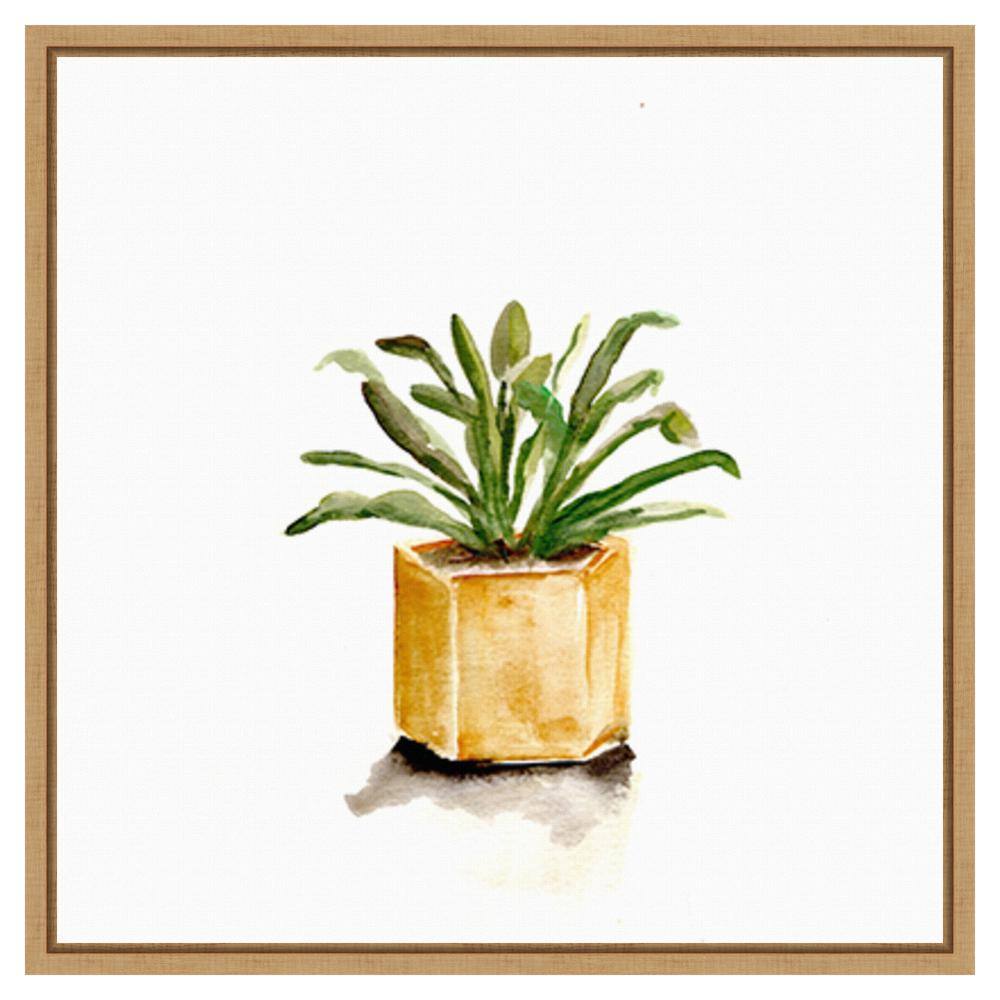 Potted Botanicals II Green Plant in Yellow Pot Canvas Art with Maple Frame